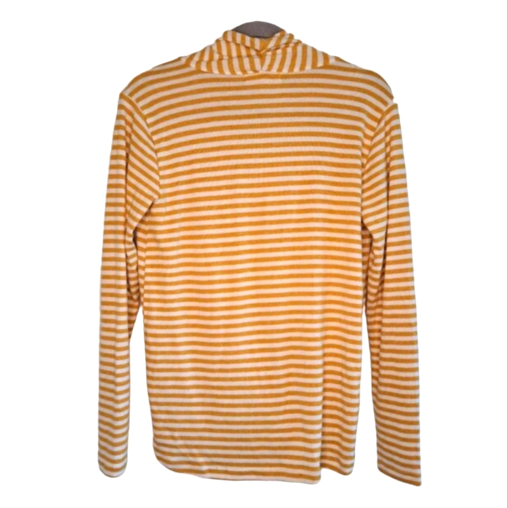 Mesh & Lace Wrap Style Fuzzy Striped Sweater Mustard Yellow White Size Small - Picture 2 of 6